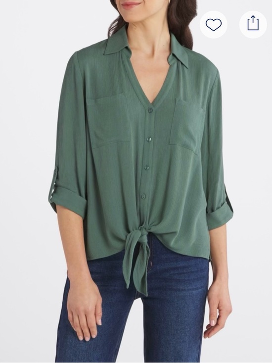 Fortune + Ivy Tops - New! Button-Front Tie Hem Blouse in Sage Green